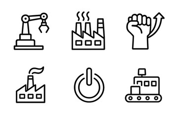 Industrial icons: automation, factories, growth symbols, power button, conveyor belt