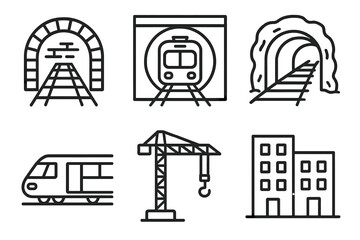 Line art of train transport icons: tunnel, train, crane, building
