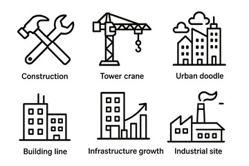 Construction tools and urban development icons with tower crane