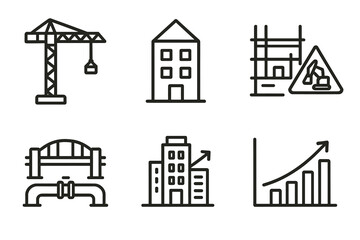 Construction icons collection: crane, building, scaffold, bridge, graph