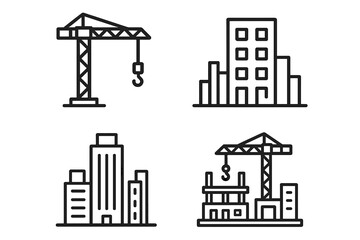 Construction and urban building icons: crane, skyscraper, architecture line art set