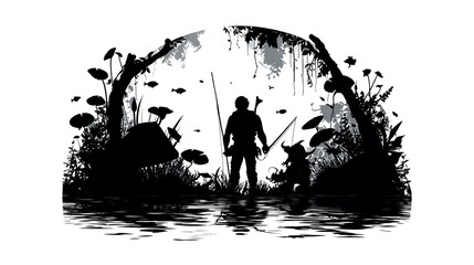 Silhouette Of Fisherman And Child Fishing In Lush Jungle With Fish image photo