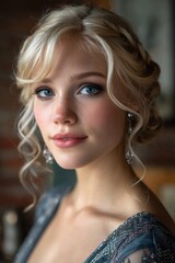 a young woman with blonde hair and blue eyes, soft focus, natural lighting, a dreamy look on her face