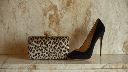 Elegant leopard print clutch bag rests beside a tall black stiletto heel on a marble surface