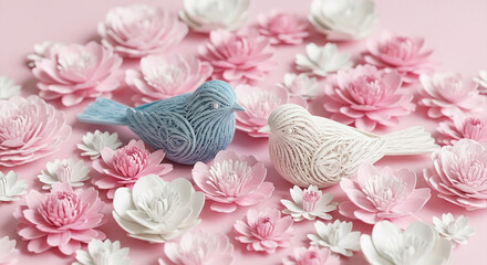 Two intricately designed paper birds amidst pink and white paper flowers on a pink background, symbolizing love and Valentine's Day