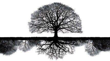 Silhouette of Large Oak Tree With Reflection On Photo White Background black and white