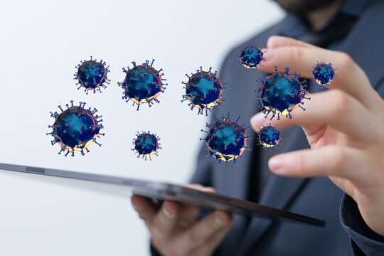 Conceptual illustration depicting virus outbreak and data analysis with a digital interface. Healthcare and te - Powered by Adobe