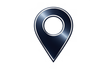 Location pin icon graphic with metallic dark blue and silver gradient, representing gps navigation and travel destination