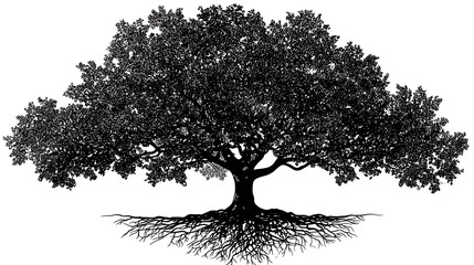 Silhouette of Large Tree With Dense Foliage And Visible Roots On Photo White Background