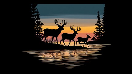 Silhouettes of Deer by a Lake at Sunset with Pine Trees buck fawn Photo