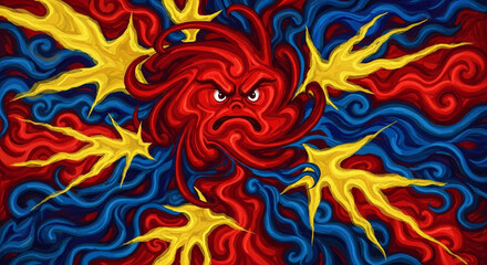 Abstract art depicts an angry red face surrounded by swirling red, blue, and yellow shapes, symbolizing conflict or intense emotion, suitable for expressive designs