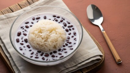 A delicious bowl of fresh rice pudding topped with cinnamon, chocolate, sugar, and fruit makes a sweet and healthy white dessert dish perfect for a breakfast snack or a delicious meal