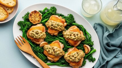 Gourmet Chicken Dish Presentation: A close-up view presents a delectable plate of succulent chicken dish, meticulously garnished and styled for culinary delight.