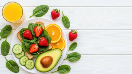 Naklejka premium Fresh Start Breakfast: A vibrant, healthy breakfast spread on a clean wooden table, featuring a delectable open-faced sandwich, fresh fruits, and a glass of refreshing juice.