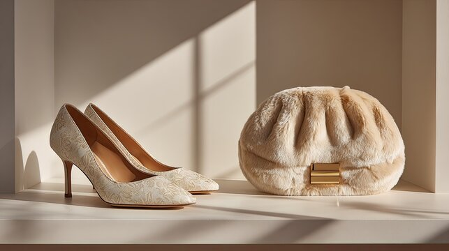 Elegant pair of patterned high heel shoes rests beside a soft plush clutch accessory