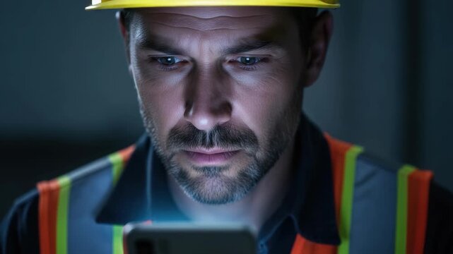 A focused industrial worker looking at a smartphone at night. Close-up of a serious engineer using a device in a dark factory. Technology and concentration concept