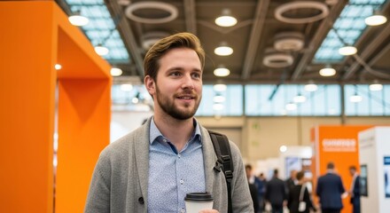 The Confident Professional: A poised man, coffee in hand, walks purposefully through a bustling convention center, exuding an air of self-assuredness and readiness for the day.