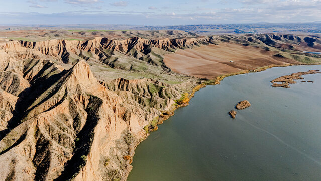 Drone aerial panorama Barrancas de Buruj&oacute;n Toledo cliffs lake sunny tourism travel landscape