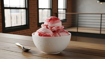 Delicious scoops of vanilla ice cream served in a glass bowl with fresh strawberry fruit and chocolate, creating a cold and sweet frozen dessert isolated on a white background