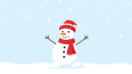 Cheerful cartoon snowman wearing a festive red hat and scarf standing in a winter landscape with gently falling snow against a blue sky.