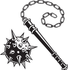Vintage Morning Star Flail Weapon Black and White Vector Illustration
