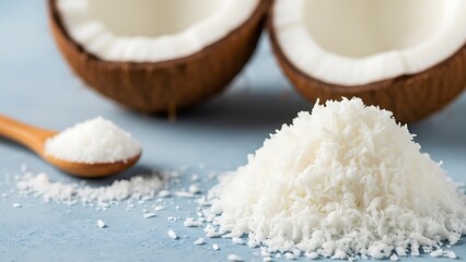Healthy organic coconut milk and sugar heap with natural sea salt crystals in a wooden bowl isolated on a white background for cooking or spa