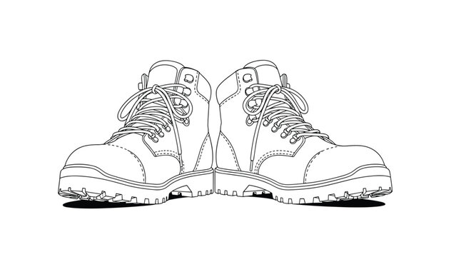 Black and white line art vector illustration of a pair of sturdy and durable work boots, representing hard work, construction, or hiking.