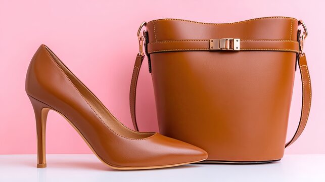 Brown leather high heel shoe and bucket style handbag displayed against a soft pink background