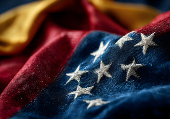 Detailed close-up of the Venezuelan flag with embroidered stars and fabric texture in dramatic lighting