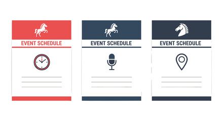 A clean, modern set of three event schedule templates featuring equestrian motifs and essential icons for time, microphone, and location, ideal for professional presentations.
