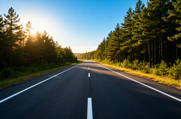 Fototapeta premium Asphalt Road Through Pine Forest at Sunset