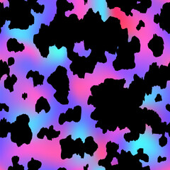 Abstract cow rainbow seamless pattern. Vector animal skin print, cute black dalmatian spots on holographic foil gradient background. Rough spotted texture for textile, decoration, wrapping, cover.