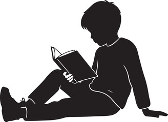 Young Boy Reading Book Silhouette Vector Illustration Isolated on White