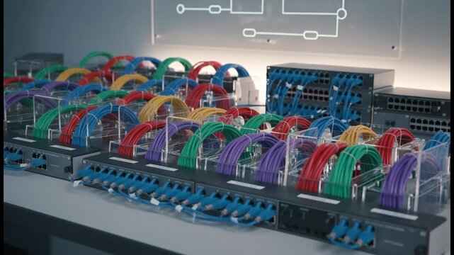 Network Hardware Setup: Detailed View of Cables and Connection Technology Infrastructure