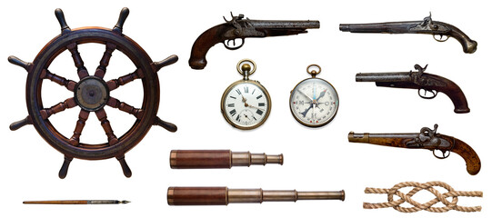 Old Ship's wheel, flintlock pistols, pocket watches, compass, telescopes, quill pen, nautical knot...