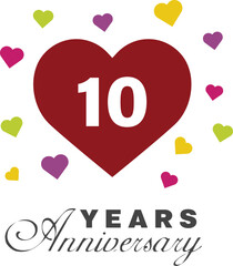 10th Anniversary Love Concept with Red Heart and Decorative Colorful Hearts