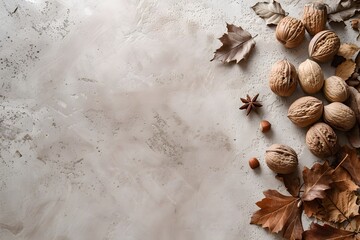 Autumn Still Life Background with Walnuts, Dried Leaves and Spices
