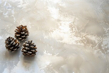 Minimal Autumn Still Life with Pinecones on Light Neutral Textured Background