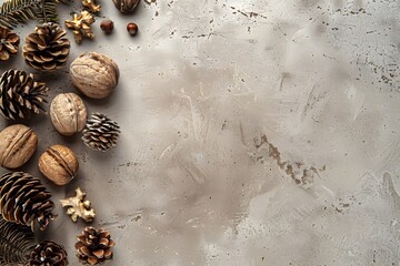 Minimal Autumn Flat Lay with Pinecones and Walnuts on Neutral Concrete Background