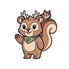 Fototapeta premium Cute cartoon squirrel with baby on back waving hello