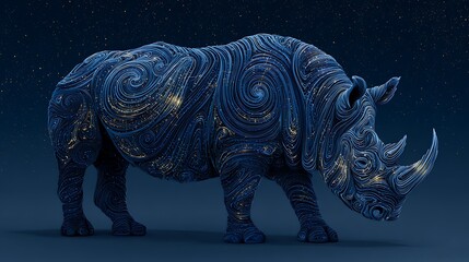 Stylized Blue Rhino with Swirling Golden Starry Patterns Under Night Sky rhinoceros Photo