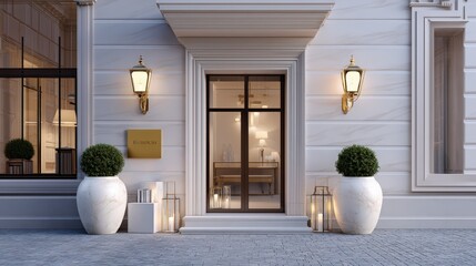 Luxury Hotel Entrance with Elegant Architecture and Warm Lighting