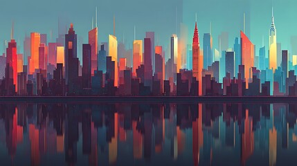 Stylized City Skyline at Dusk with Mirrored Reflections cityscape urban Photo