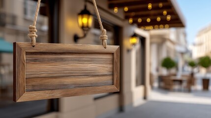Blank Wooden Hanging Sign Mockup in Front of Cafe or Store