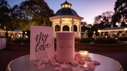 Romantic outdoor evening setting features pink presentation box and card with loving sentiment