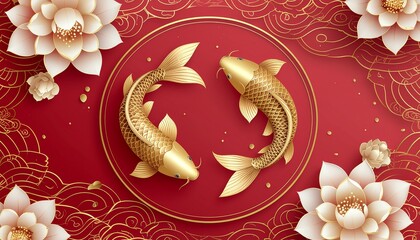 Golden koi fish swim in harmony on red background with lotus flowers