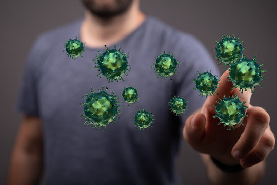 Artistic rendering of a person interacting with digital Coronavirus molecules. Represents pandemic, health, an - Powered by Adobe