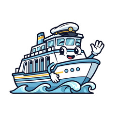 Naklejka premium Friendly cartoon boat waving hello on sunny waves