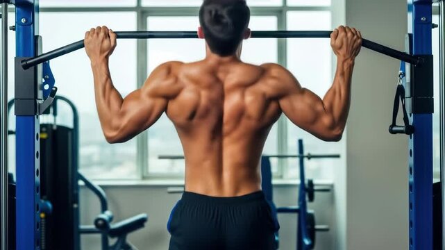 Strong man doing pull-ups in a gym, showcasing powerful back