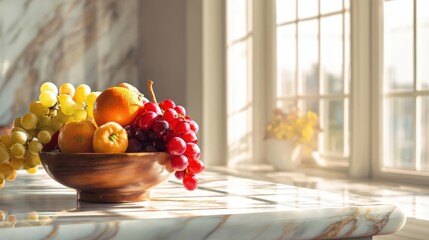 Fresh Fruit in a Wooden Bowl on a Marble Countertop in Sunlight